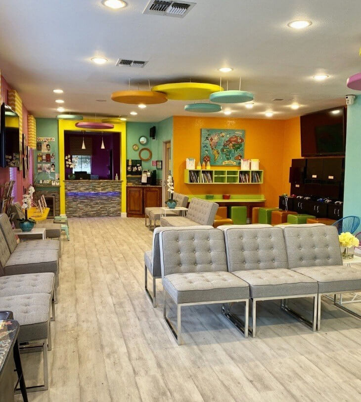 Colorful reception area of pediatric dental office in Wylie