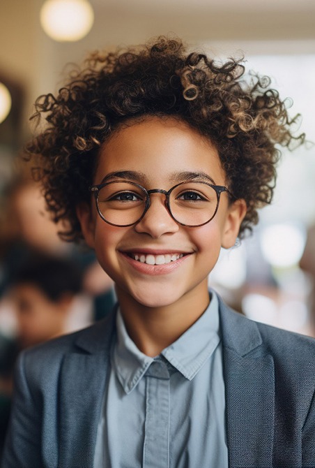 Young child with glasses and metal-free restorations in Wylie
