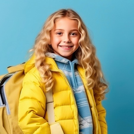 Child wearing backpack and smiling before school