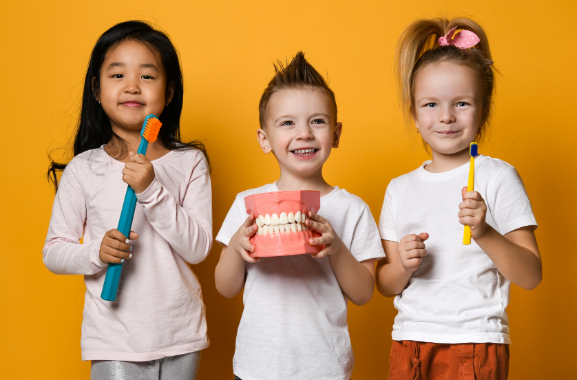 Kids holding toothbrushes and a dental mold